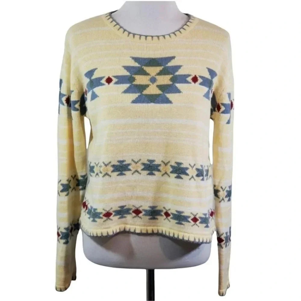 Christopher & Banks Sweater Small‎ Yellow Southwestern Hand Embroidered Knit